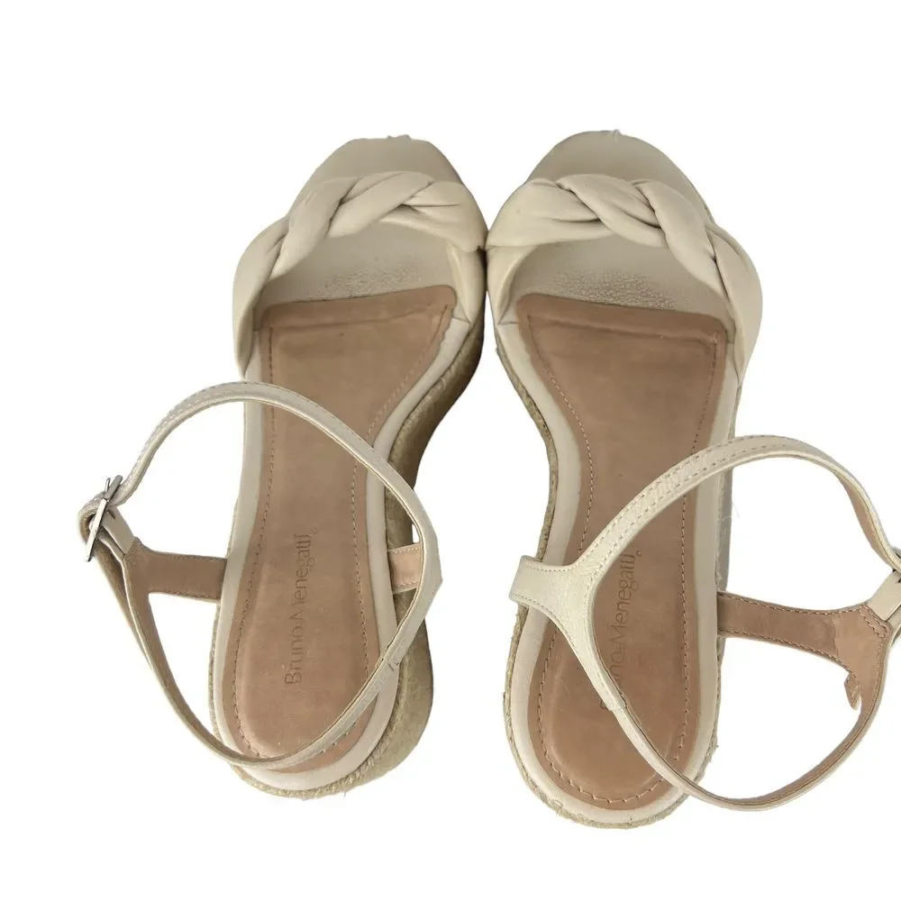 BRUNO MENEGATTI Woven Raffia Platform Wedge Leather Open Toe Slingback US Size 9